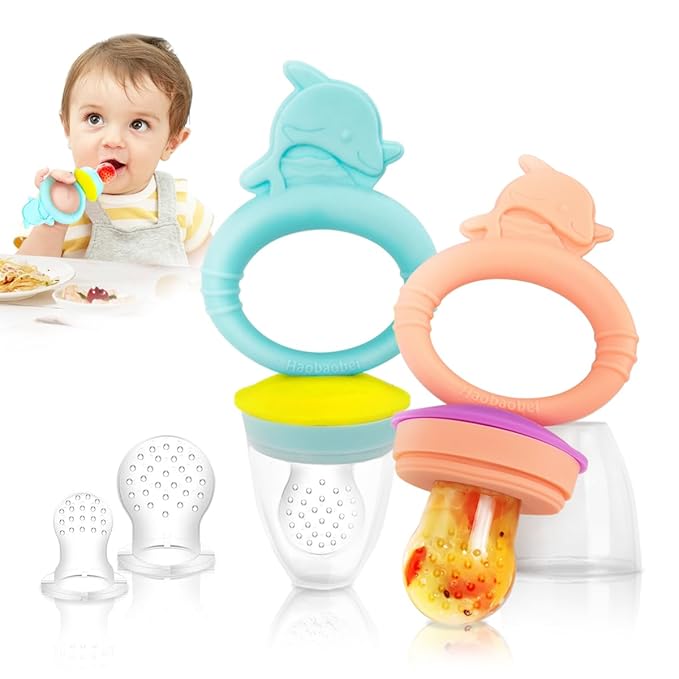 Baby Solids/Frozen Fruit Feeder Pacifier, Infant Teether Toy 4M+, BPA-Free Silicone Pouch & Nipple, Safely Introduce Solids, Teething Relief, 2-Pack (Dolphin - Blue Pink)
