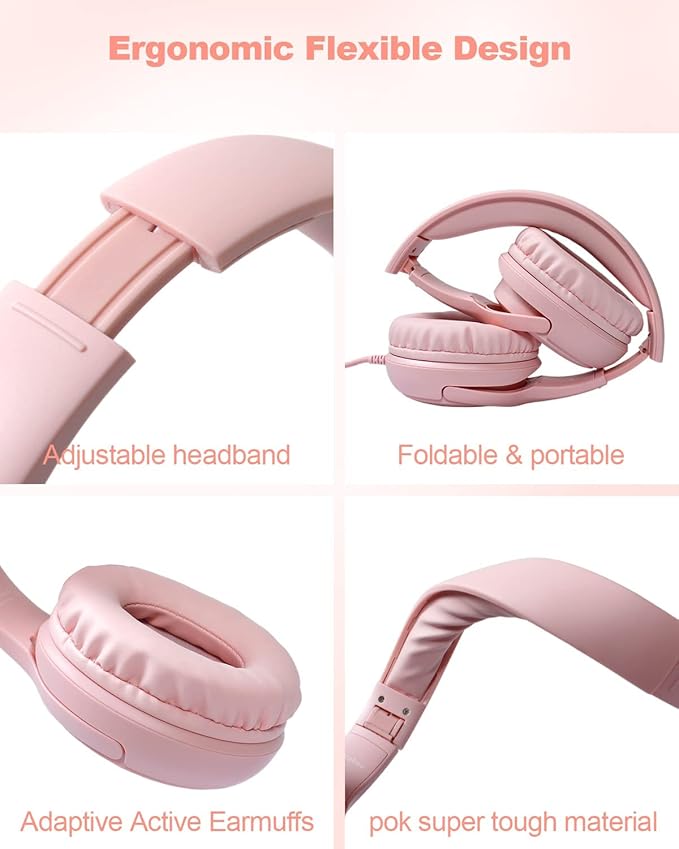 Kids Headphones with Microphone Foldable Stereo Tangle-Free 3.5mm Jack Wired Cord On-Ear Headset for Children/Teens/Boys/Girls/Smartphones/School/Kindle/Airplane Travel/Plane/Tablet (Pink)