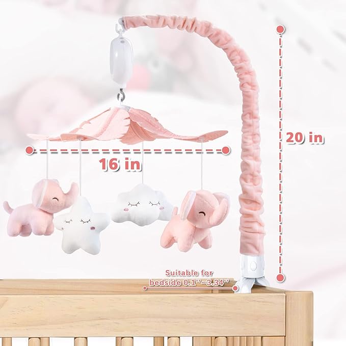 FEISIKE Crib Mobile for Girls Baby Mobiles with 3 Modes Digital Music Box(Turn Only, Music Only, Turn & Music, 35 Lullabies, Pink Elephant Nursery Mobile, Clamp Type, Pretty Box Packaging