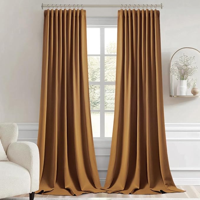 MIULEE Golden Brown Back Tab Blackout Curtain 96 Inch Long 2 Panels Set for Bedroom, Rod Pocket/Pinch Pleat Thermal Insulated Living Room Darkening Pleated Light Blocking Floor to Ceiling Drape