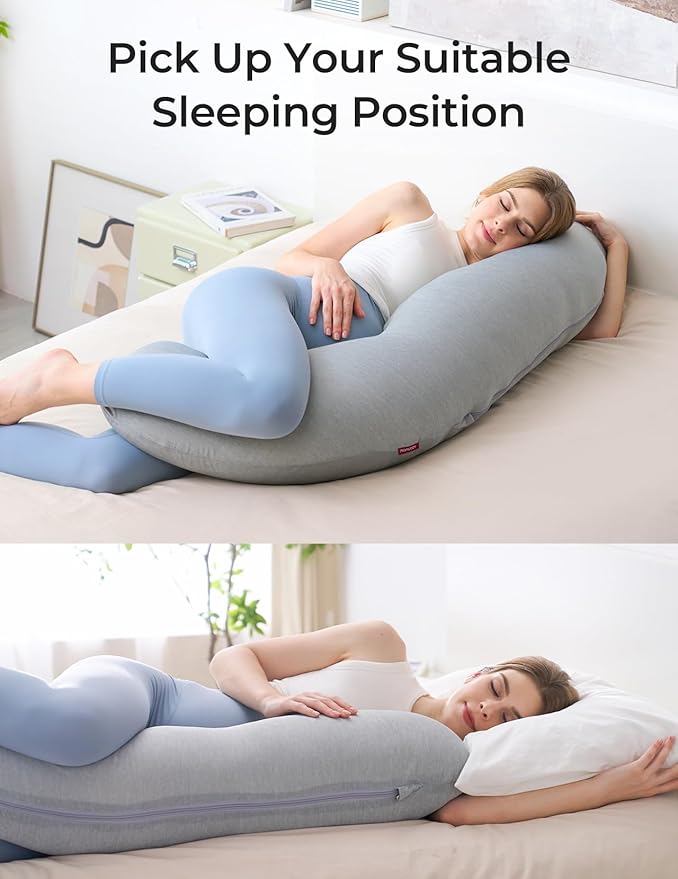 Momcozy J-Shaped Pregnancy Pillow for Sleeping with Cooling Cover – Maternity Body Pillow for Pregnant Women, Side Sleeper Support for Belly, Hip & Leg, Deep Grey