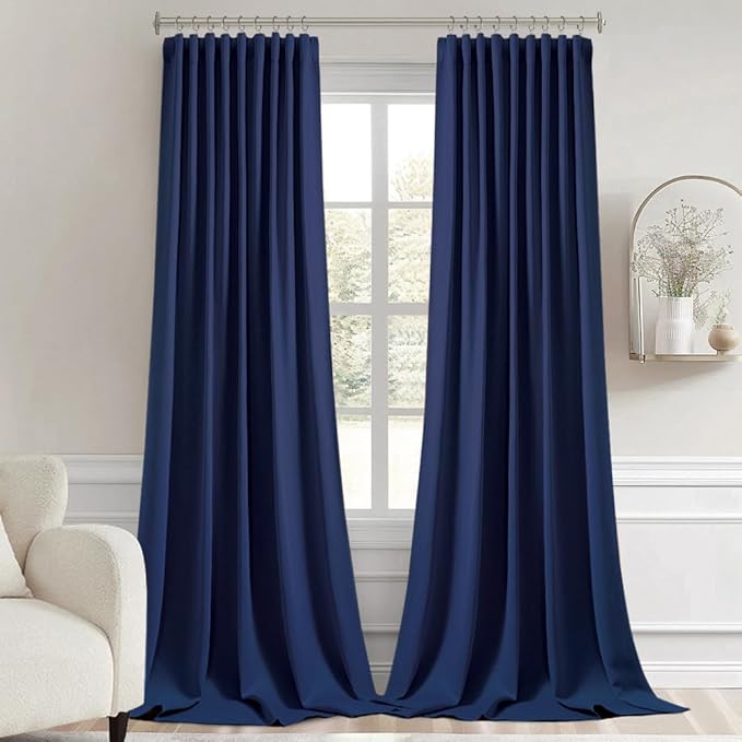 MIULEE Navy Blue Back Tab Blackout Curtain 96 Inch Long 2 Panels Set for Bedroom, Rod Pocket/Pinch Pleat Thermal Insulated Living Room Darkening Pleated Light Blocking Floor to Ceiling Drape
