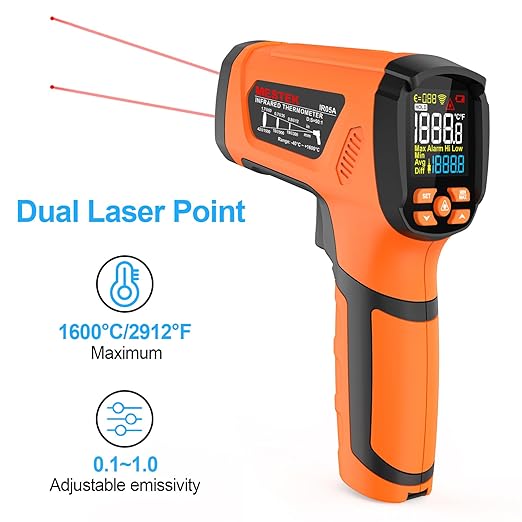 MESTEK Infrared Thermometer Temperature Gun -40℉~2912℉, High Temp Thermometer with Thermocouple Probe, Non-contact Digital Laser Thermometer Gun 50:1 Pyrometer for Industrial HVAC Forge Metal Smelting