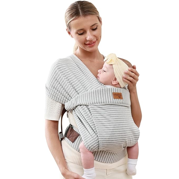 Baby Wraps Carrier Newborn to Toddler, Kangaroo Baby Easy Wearing Wrap, Adjustable Soft Baby Holder Front Chest Sling Carriers Perfect Infant Essentials Gifts (Striped Grey, Cotton)