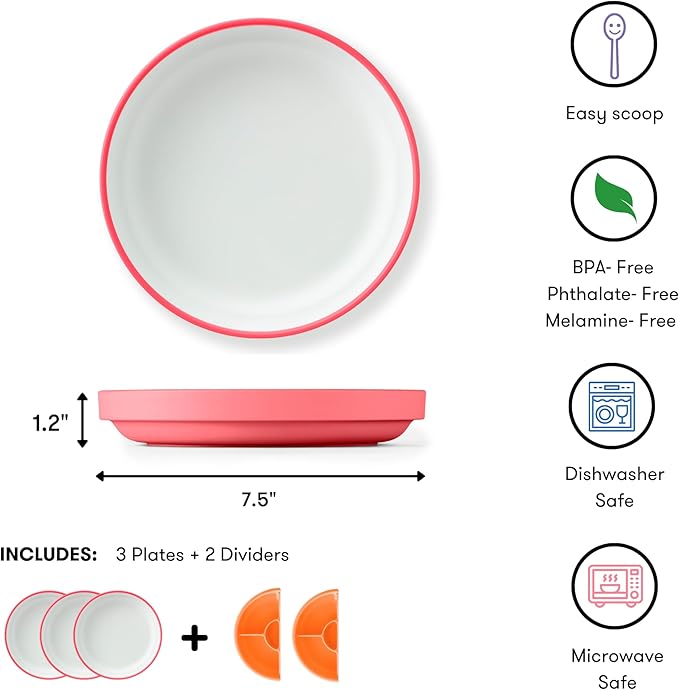 Omie® Easy Scoop Plates for Kids | Unique Design Helps Food Fall into the Spoon, Not on the Table | Made from Plants | 3 Plates + 2 Silicone Dividers | Pink