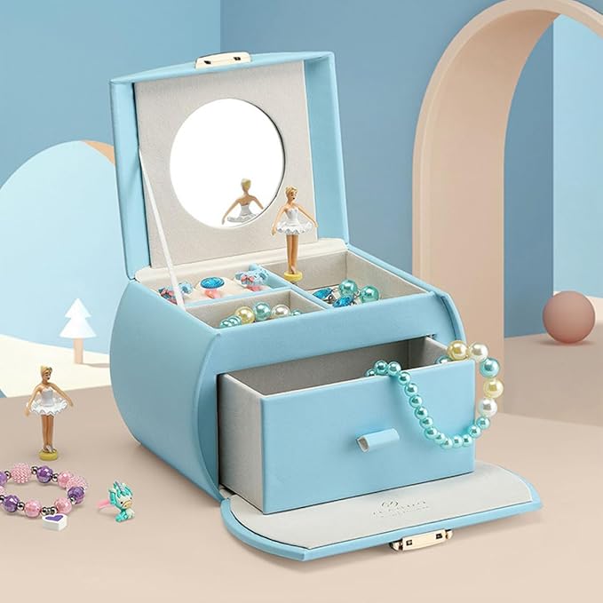 Vlando Musical Jewelry Box with Spinning Ballerina, Lockable Girls’ Jewelry Organizer for Necklaces Rings and Hair Accessories, Gift for Girls and Kids, Blue