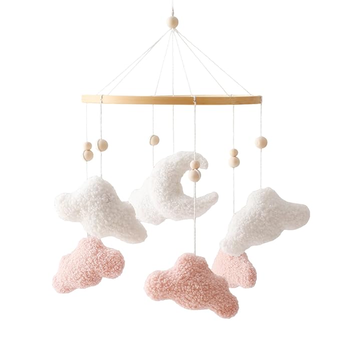 EERKEOD Baby Crib Mobile Bunny Nursery Mobile for Boys Girls Teddy Velvet Mobile Nursery Decor for Infant Bedroom Hanging Baby Mobile for Bassinet Newborn Baby Gift(Pink Clouds)