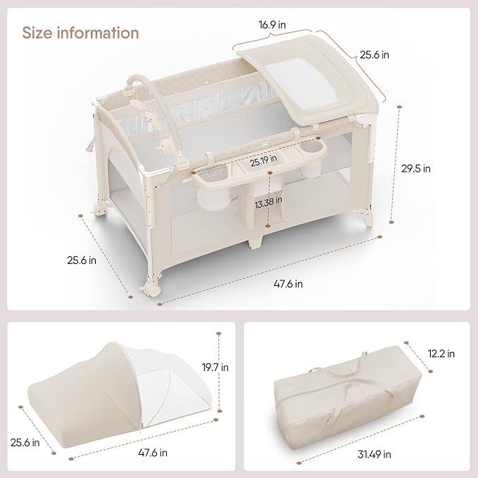 4 in 1 Baby Bassinet, Pack and Play, Bedside Crib Sleeper, Diaper Changer - Comes with Mattress, Mosquito Net,Bottom Storage and Toy Bar for Newborn to Toddles