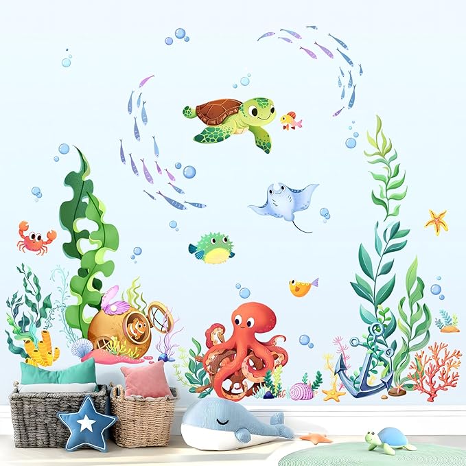 Supzone Under The Sea Wall Decals Ocean Fish Seaweed Sea Turtle Octopuses Wall Stickers for Kids Toddlers Bedroom Living Room Baby Nursery Wall Decor