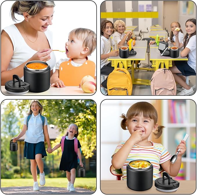 Soup Thermo for Hot Food Kids 25.5oz Lunch Containers with Buckle Lid Wide Mouth Hot Food Jar Vacuum Insulated Stainless Steel Bento Box Leakproof with Spoon(Black)