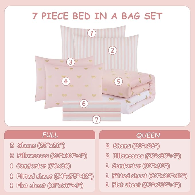 Queen Comforter Set with Sheets for Girls-7 Pieces Queen Bedding Sets with Pink Comforter, Sheets, Pillowcases & Shams for Kids (Pink Gold Bow, 90" X 90")