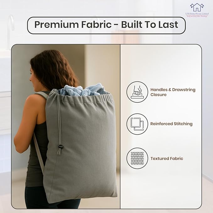 LFH Home Cotton Canvas Extra Large Laundry Bag with Handle, Heavy Duty Drawstring Closure Washable Laundry Bags, School Travel, Home, Hotel, College Dorm, Organizer Sack, Toys Clothes 24x36-Grey
