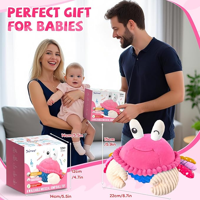 Pink Crawling Crab Baby Toy - Rechargeable Musical Plush Toys with 40 Songs & Voice Recorder, Sensory Toy for Infant Tummy Time, Soft Toy for 12-18 Months Girl, Gift for Toddlers 1-3