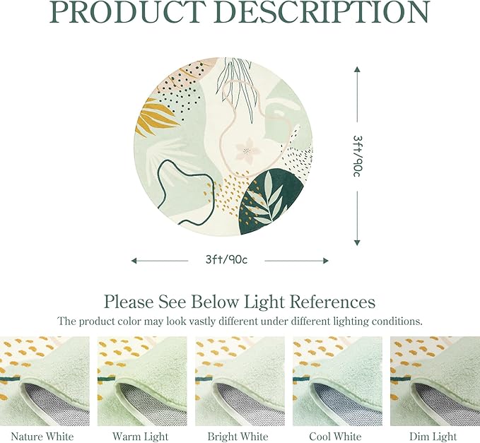 Lahome Boho Round Area Rug - 3Ft Washable Non-Slip Bathroom Rug, Green Botanical Print Carpet for Bedroom, Living Room, Entryway