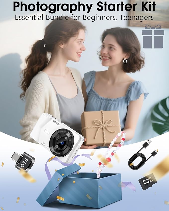 Digital Camera, Autofocus 48MP 4K Camera for Photography with 32GB Card, Portable Compact Point and Shoot Digital Camera for Teens Adult Beginner Kids with Metal Shell, 2000 mAh Battery