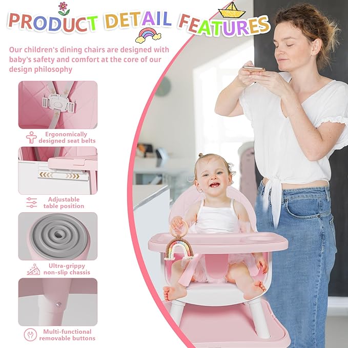 6 in 1 Baby High Chair for Babies and Toddlers, Booster Seat, Kids Learning Table & Chair (Pink)