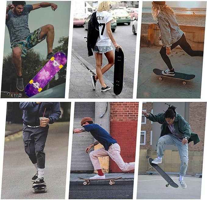 Skateboard,31 x 8 Inch Complete Skateboard, 8-Layer Maple Wood Deck Double Kick Standard Skateboards for Kids, Teens, Adult, Beginner