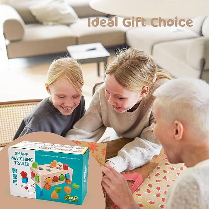 Shape Sorter - Montessori Wooden Learning Shapes Toy with 17 Shape Blocks - Early Education and Sensory Development Storage Pull Car for Toddlers, SSC03