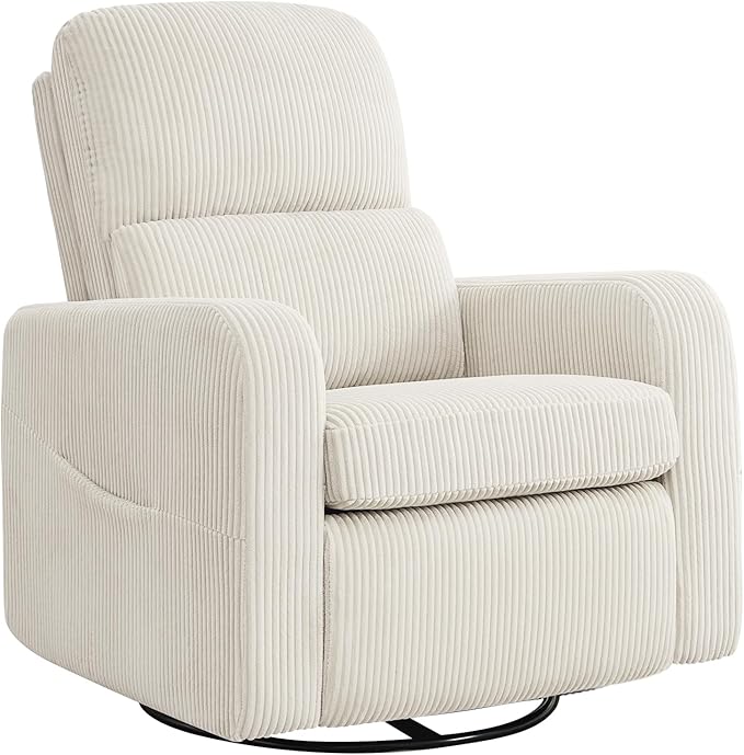 Swivel Rocker Recliner, Oversized Manual Nursery Glider Rocking Recliner Chair with Removable Cushion, Upholstered Swivel Reclining Chair for Nursery Living Room Bedroom, Corduroy White