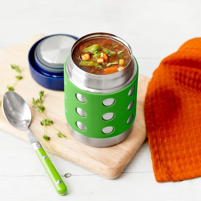 LunchBots Thermal 12 oz Triple Insulated Thermos - Hot 6 Hours or Cold 12 Hours - Leak Proof Thermos Soup Jar - All Stainless Interior - Navy Lid - Green Dots