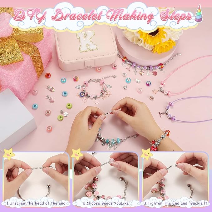 Charm Bracelet Making Kit with Jewelry Case with Charm Pendant Bracelet Kit Jewelry Making DIY Art & Craft Kit for Birthday Gifts Valentine Christmas
