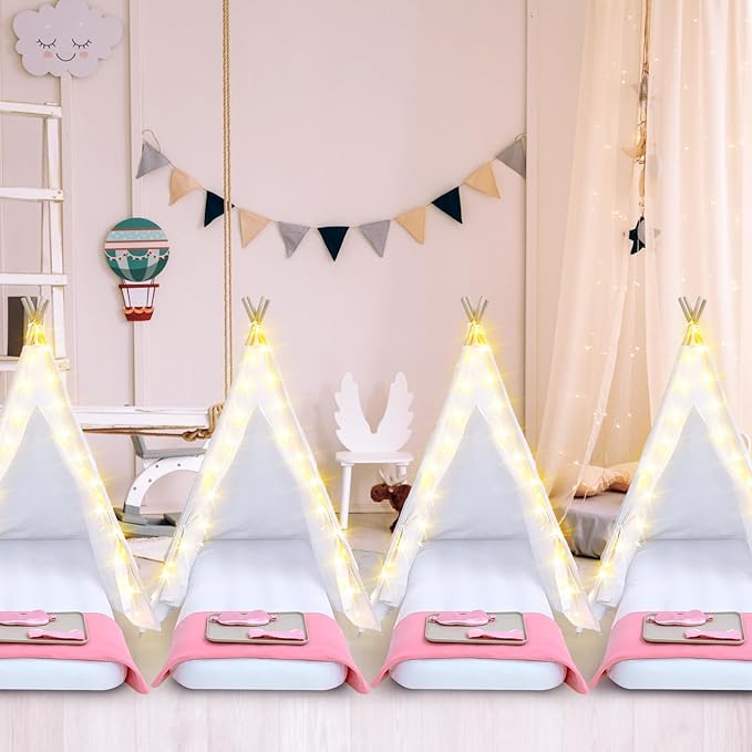 Windyun 6 Pack Kids Teepee Tent for Slumber Party Sleepover Tents for Girls Party with Air Mattress, Star Lights, Blankets Trays Sheets, Natural Cotton Toddler Play Teepee for Indoor Outdoor(White)