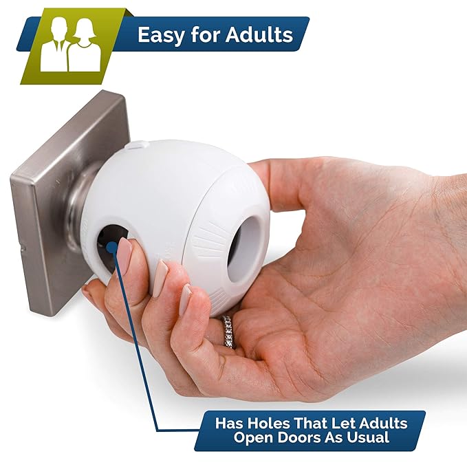 Child Safety Door Knob Cover (4 Pack) Hard-to-Remove Dual-Lock Door Handle Covers for Kids - Reusable Baby Proof Door Knob Locks - Installs Easily, No Tools Needed (White)