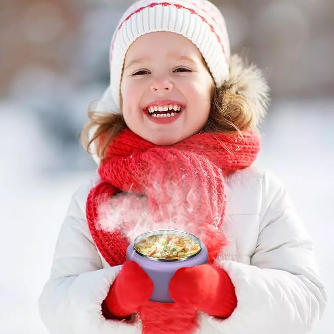 13.5oz Kids Thermos for Hot Food, Insulated Vacuum Food Jar with Buckle Lid, Stainless Steel Wide Mouth Leak Proof Insulated Lunch Container for School Picnic Travel,Purple