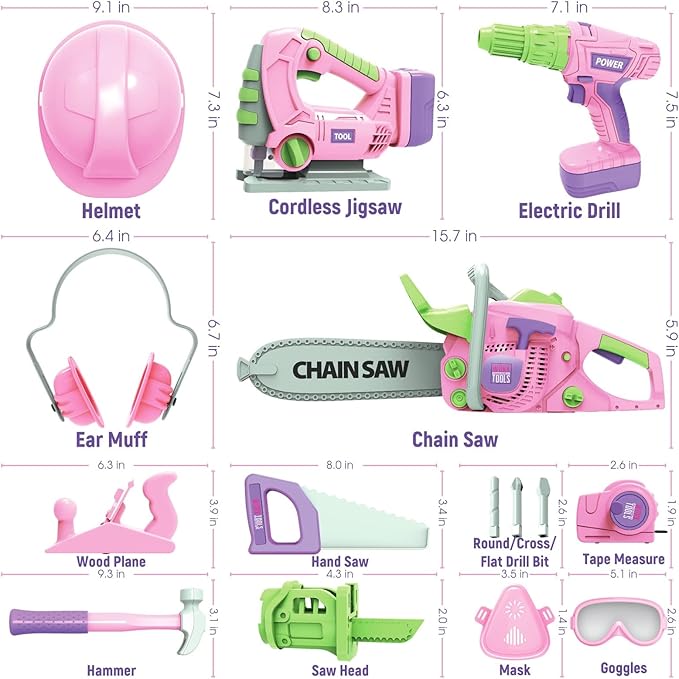 Kids Construction Tool Set for 3 4 5 6 7 Year Old Boys Girl,Pink Preschool Pretend Play Tool,Pretend Play Tools Set Toddler Toys,with Electric Drill Chainsaw、Electric Drill,Toy Tools Gifts for Kids