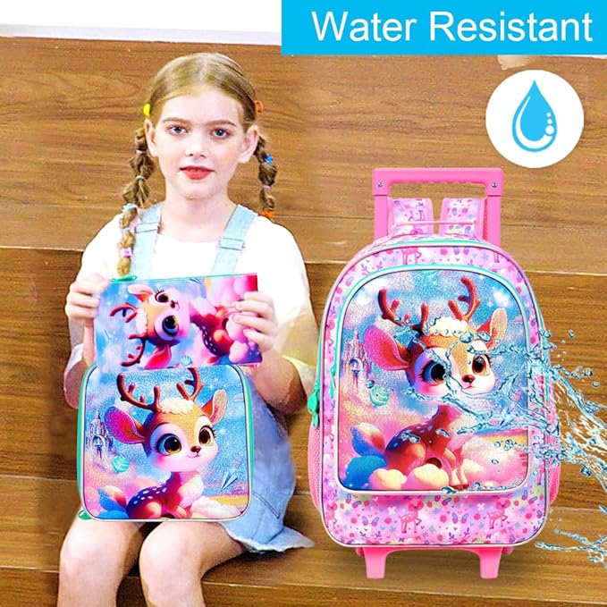 Girls Rolling Backpack, Cute Deer Roller Wheels Kids Bookbag - Wheeled Elementary School Bag - 3PCS Deer
