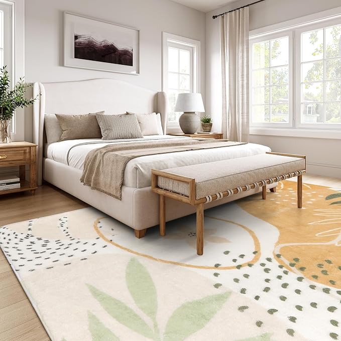 Lahome Boho Rugs for Living Room 8x10 - Washable Non-Slip Backing Large Carpet Ultra-Thin Throw Soft Bedroom Area Rug,Taupe Botanical Print Ultra-Thin Rug for Classroom Nursery Dining Room Farmhouse