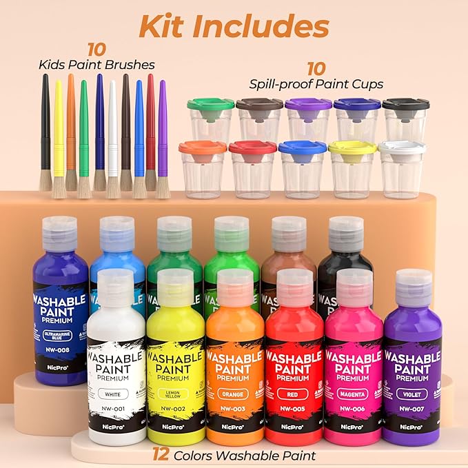 Nicpro Washable Paint for Kids, Kids Painting Set with Cups and Paintbrushes, 12 Vibrant Colors(2 oz), Non Toxic Washable Finger Paint for Toddlers Preschool Home School Children Art Painting Supplies