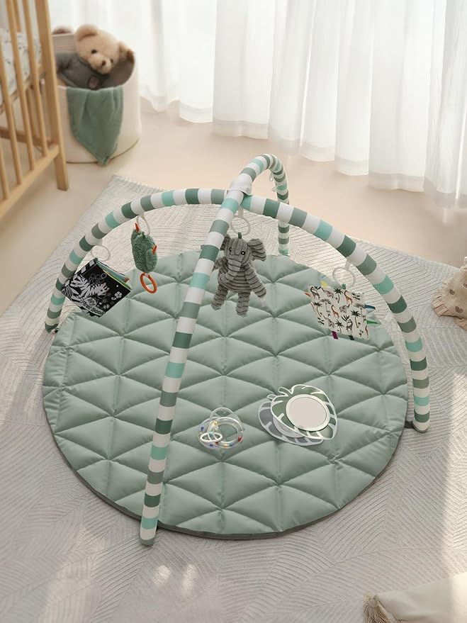 Blissful Diary Waterproof Baby Play Gym Mat, Wipe-Clean Vegan Leather Tummy Time Mat with 6 Detachable Toys, Baby Activity Mat, Sage Green