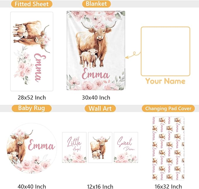 Personalized Baby Crib Bedding Set, 5 Pcs Custom Name Nursery Bedding Set, Pink Highland Cow Baby Bedding Set for Girl, Double Layer Baby Crib Sets, Customized Gifts for Toddlers Kids Infants