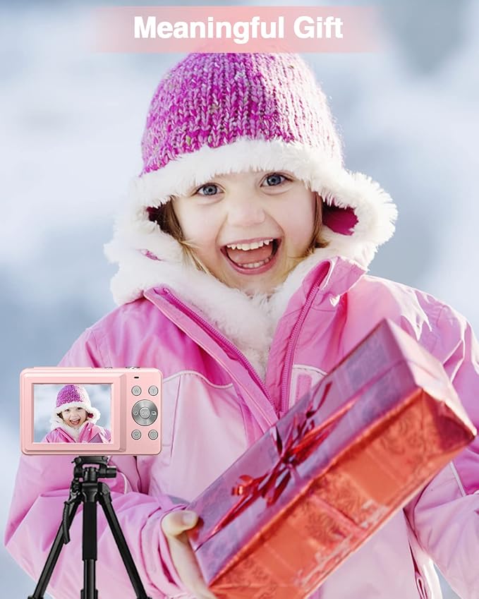 Digital Camera, FHD 1080P Point and Shoot Kids Camera, with 32GB Card, 2 Batteries, 16X Zoom Anti Shake Date Stamp, Compact Portable Small, for Starter Kid Children Teen Student Girl Boy(Pink)