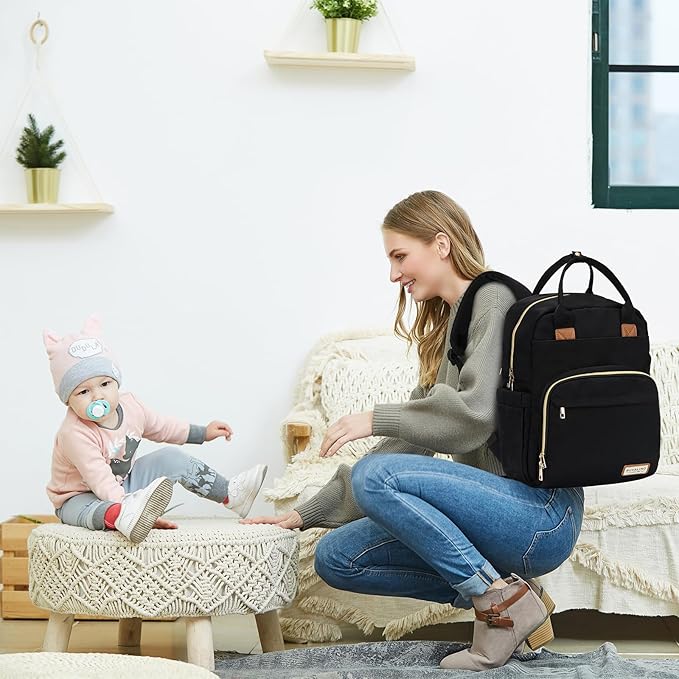RUVALINO Diaper Bag Backpack-Multifunction Baby Travel Bag, Insulated Bottle Holders & Large Capacity, Waterproof, Deep Black