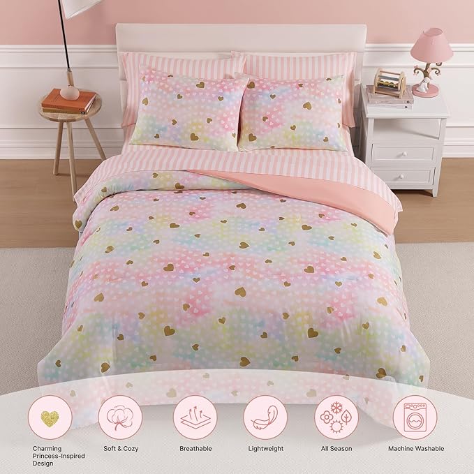 Twin Comforter Set with Sheets for Girls-5 Pieces Twin Bedding Sets with Pink Comforter, Sheets, Pillowcase & Sham for Kids (Colorful Gold Heart, 66" X 86")