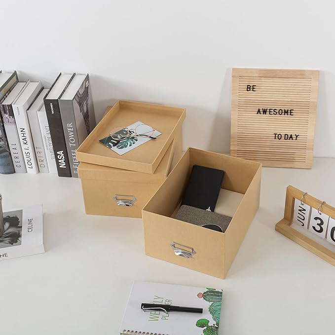 Soul & Lane Kraft Decorative Cardboard Storage Boxes with Lids, Set of 2 Stacking Keepsake Photo and Memory Boxes for Home & Office, Elegant Paperboard Organizers with Label Holders and Drawer Pulls