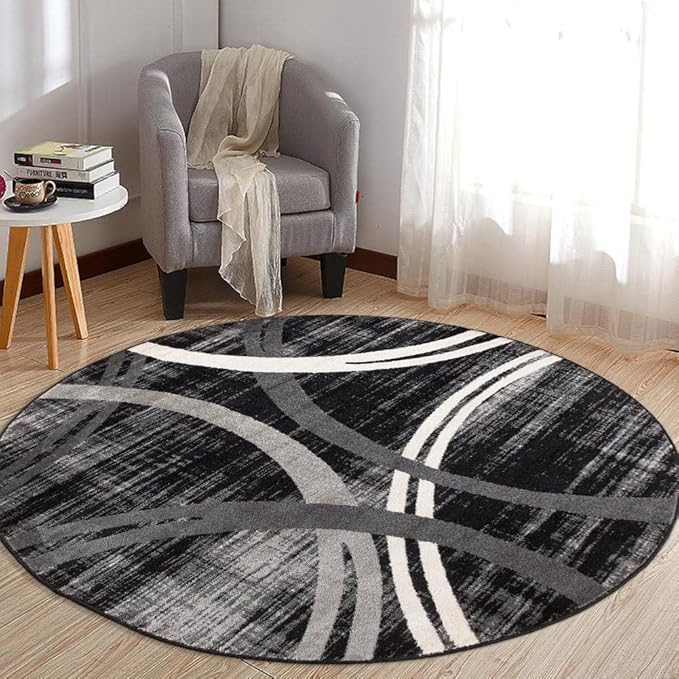 Rugshop Modern Wavy Circles Design Round Rug 6' 6" (6' 6" Diameter) Black