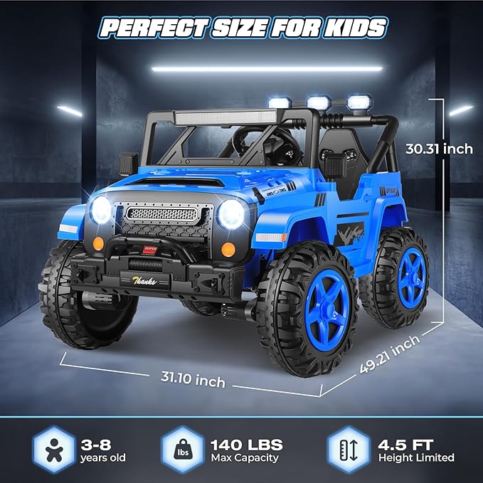 Hikole 24V Kids Ride on Car - 2 Seater, 4WD/2WD Switch, 4x200W Motor, Remote Control, 3 Speeds, LED Lights, Safety Belt, Off-Road Electric Vehicles for Boys Girls, Blue
