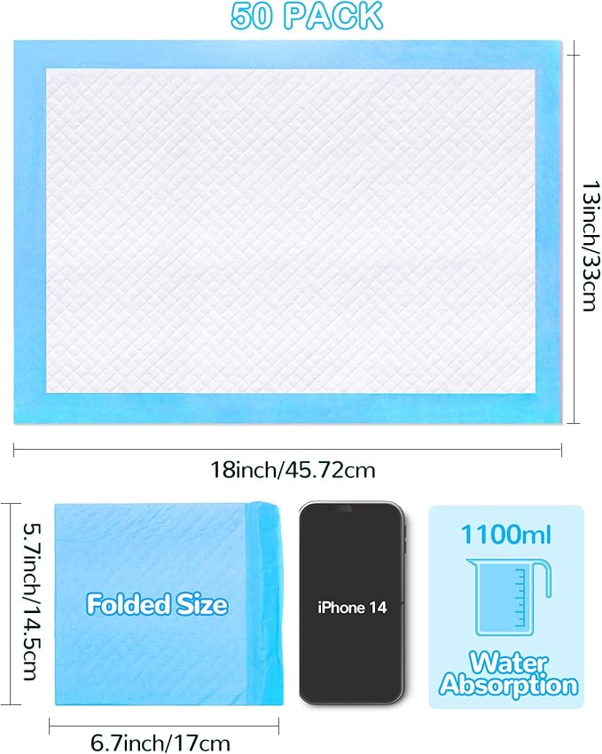 Disposable Changing Pad Pack of 50 Baby Incontinence Pad Diaper Changing Pads UnderPads Ultra Soft Super Absorbent Waterproof Mat 13 x18 in