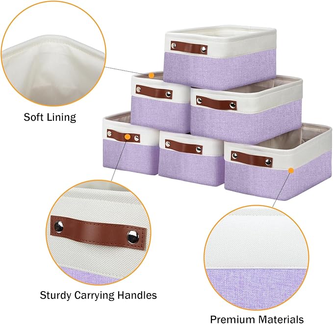 DULLEMELO Small Storage Baskets 6 Pack, Fabric Collapsible Gift Storage Baskets for Shelves, Closets, Nursery, Home, Office Organizing,Small Canvas Linen Rectangular Storage Bins (White&Purple)