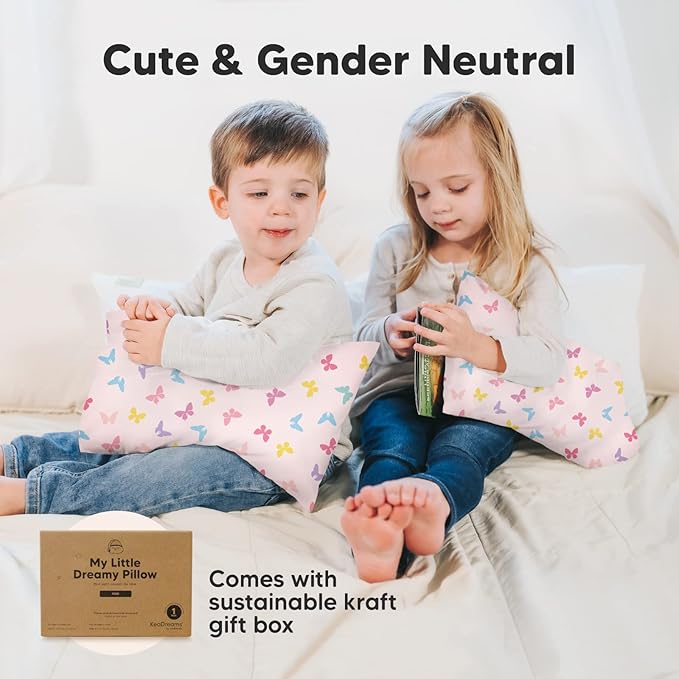 Mini Toddler Pillow with Pillowcase - 9x13 My Little Dreamy Travel Kids Pillow for Sleeping, Toddler Bed, Small, Tiny, Organic Cotton Pillowcase, Soft & Breathable, Kids 2-4 Years Old (Mist Pink)