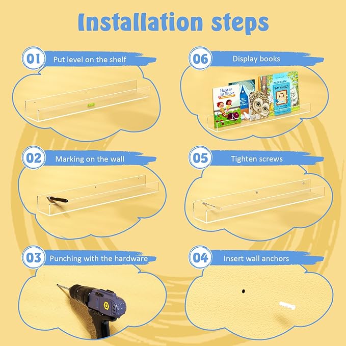 NIUBEE 24-Inch Acrylic Kids Floating Bookshelves, 2-Pack, Wall Mounted Clear Shelves for Kids' Growing Book Collections in Nurseries/Bedroom/Playrooms