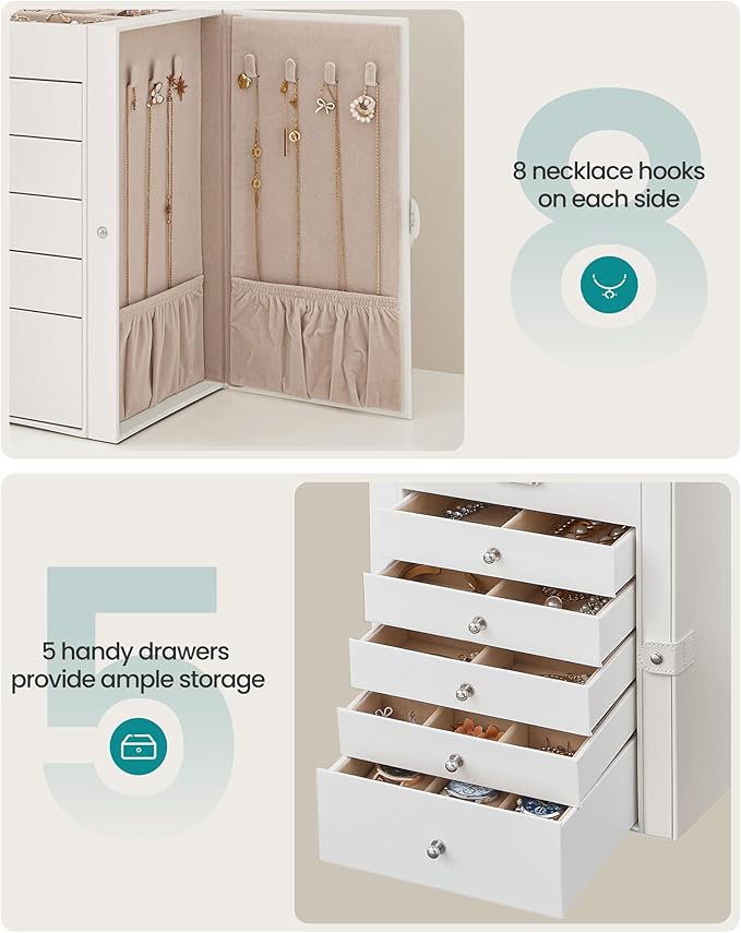 SONGMICS 6 Tier Jewelry Box, Jewelry Storage Organizer with 5 Drawers, Large Storage Capacity, with Mirror, Lockable, Jewelry Case, Gift for Loved Ones, For Watches, White UJBC152W01