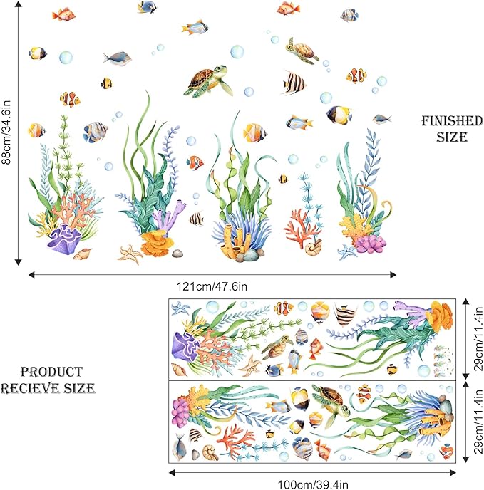 Supzone Under The Sea Wall Decals, Seaweed Grass Ocean Fish Sea Turtle Underwater Wall Stickers Vinyl Decor for Baby Boys Kids Nursery Bedroom Bathroom Classroom Playroom