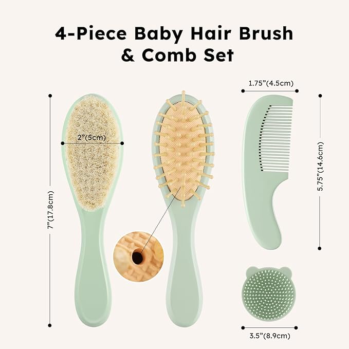 Yoofoss 4 Piece Baby Hair Brush and Comb Set,Wooden Baby Hair Brush with Natural Ultra Soft Goat Hair, Baby Comb Set for Boy, Girl - Green