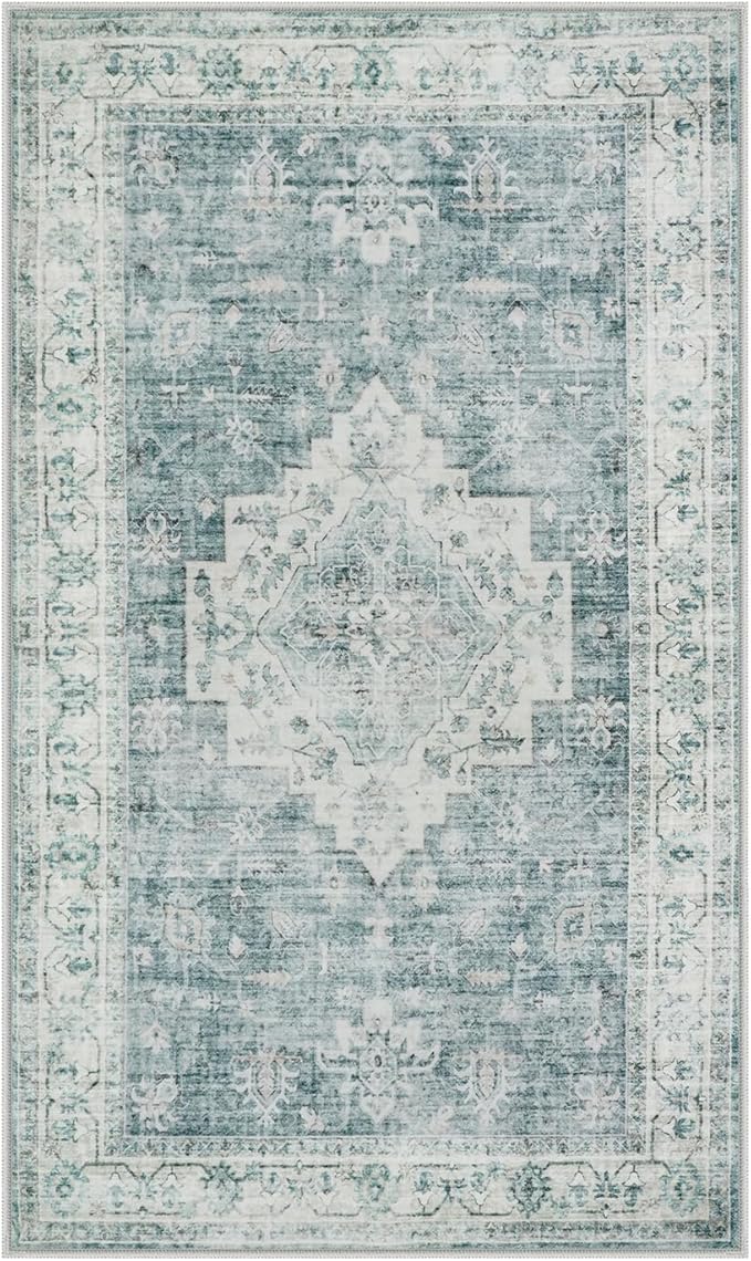 LIVEBOX Entryway Rug 3x5 Washable Area Rugs for Kitchen Bathroom, Non-Slip Front Door Mat for Bedroom, Boho Low-Pile Carpet Farmhouse Throw Indoor Mats for Bath Laundry Room, Blue