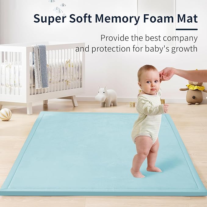 ACOMOPACK Baby Play Mat for Floor 1.3" Thick Memory Foam Play Mats 71"×79" Tummy Time Crawling with Non-Slip Bottom for Living Room,Nursery,Soft Velvet Playpen for Kids,Infants(Light Blue)