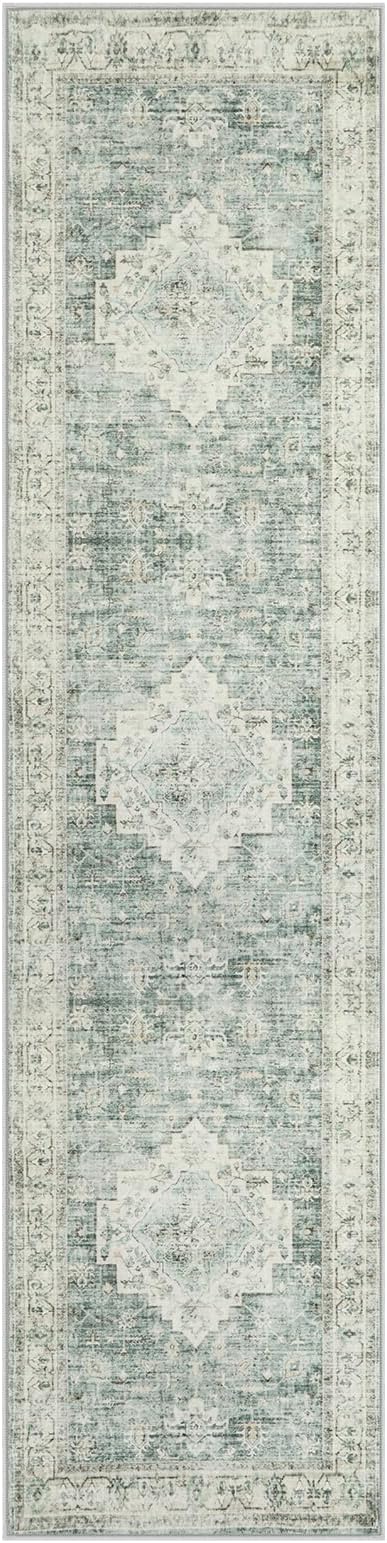 LIVEBOX Washable 2.5x10 Runner Rugs for Entryway Bathroom, Boho Kitchen Floor Mat Long Rug Runners for Hallways Non Slip, Farmhouse Low-Pile Carpet Runners for Laundry Room, Sage Green